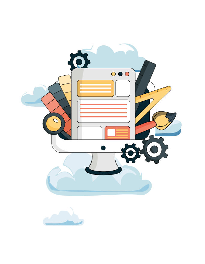 Ilustración de una pantalla mostrando el diseño de un sitio web, rodeada de herramientas de diseño
